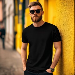 Wall Mural - A man with a beard leaning against a yellow wall