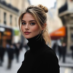 Poster - A woman in a black turtle neck sweater standing in the middle of a city street