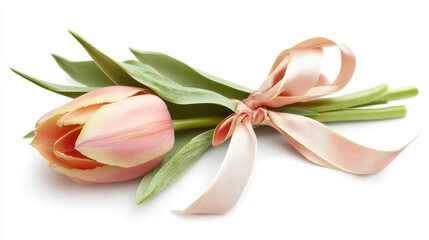 Wall Mural - A single pink tulip tied with a pink ribbon isolated on a white background.