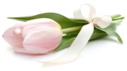 Wall Mural - A single pink tulip with a delicate ribbon tied around its stem, isolated on a white background.