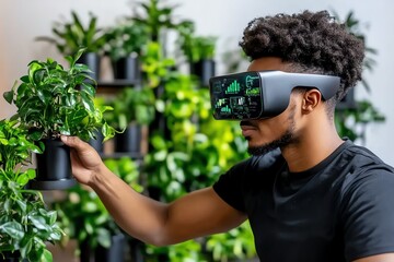 Futuristic worker preparing for tomorrowâ€™s tasks, using holographic displays and virtual tools to organize work in a sleek, high-tech environment