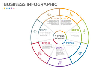Poster - Visual data presentation. Cycle diagram with 7 options. Pie Chart Circle thin line infographic template with 7 steps, options, parts, segments. Business concept. Marketing infographic outline style.