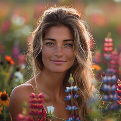 Poster - A 35 year old good looking woman with a light smile within a dense forest of thousands of colorful flowers, blurry background, summer light.