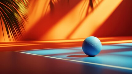 Artistic depiction of a blue ping pong ball on a vibrant court with palm shadows. Generative AI