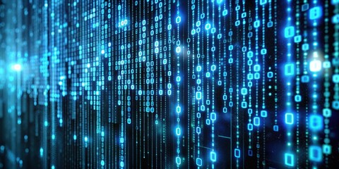 Abstract digital blue glowing binary code falling down a black background.  A futuristic vision of the digital world.