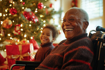 Senior Black man in wheelchair smiling with grandchild at Christmas, concept of holiday joy