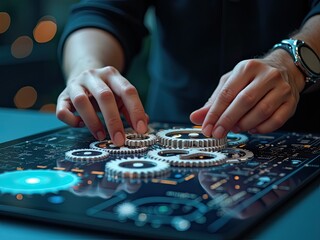 A person's hands are manipulating gears on a dark tablet-like device.