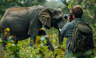 Wall Mural - Elephant Encounter:  A photographer captures the majestic presence of an African elephant in its natural habitat.