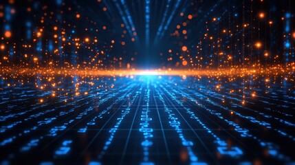 Abstract illustration of a digital data technology concept with a background of blue binary code and a matrix of random binary data.