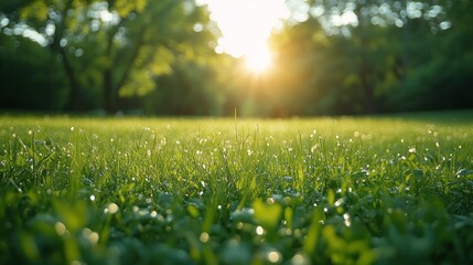 Meadow with tall grass illuminated by sunlight in a natural landscape.