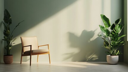 A single armchair and two potted plants in a minimalist room with light streaming through a window