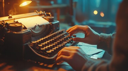 person writing on vintage typewriter with old paper