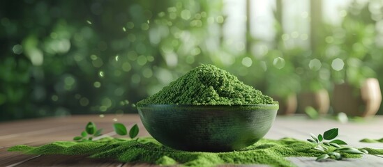 Close up view of organic matcha green tea powder in a black stone bowl placed on a wooden table surface  The matcha powder is surrounded by fresh green leaves creating a calm and natural atmosphere