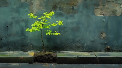 Small tree growing against a weathered urban wall symbolizing resilience, survival, and the ability to thrive in a harsh environment. Urban growth concept