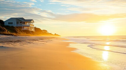 Serene beach sunset with a coastal house.