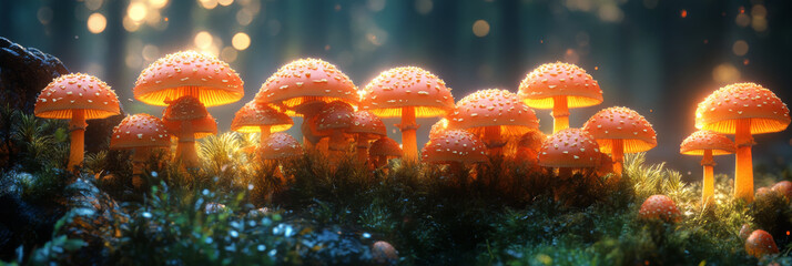 Canvas Print - A cluster of orange mushrooms glow in the forest.