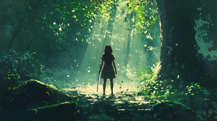 Wall Mural - A girl with a sword is standing in the forest digital art style illustration painting fantasy illustration, generative ai. Enchanted Sword. Illustration