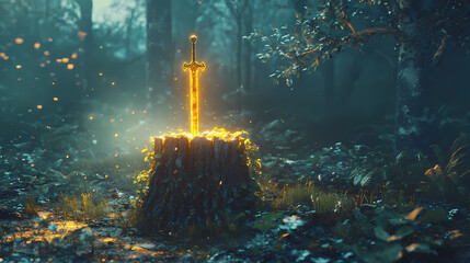 Poster - A glowing sword embedded in a tree stump, surrounded by enchanting forest foliage, generative ai. Enchanted Sword. Illustration