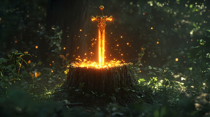 Poster - A glowing sword embedded in a tree stump, surrounded by enchanting forest foliage, generative ai. Enchanted Sword. Illustration