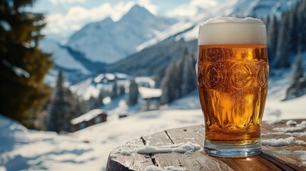 Wall Mural - Ai generated illustration cold beer glass on the table with sunny winter mountains landscape at ski resort.