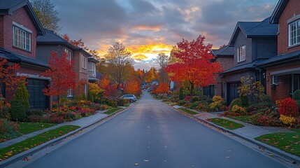 Vibrant autumn street scene with colorful trees and homes.