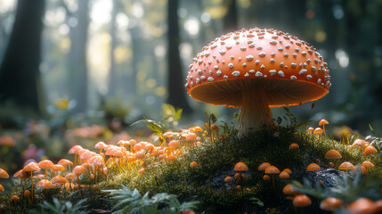 Canvas Print - A large, red mushroom with white spots stands out in a field of smaller mushrooms, all bathed in soft light.