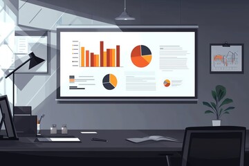Wall Mural - Modern office workspace with charts and graphs displayed on a digital screen.
