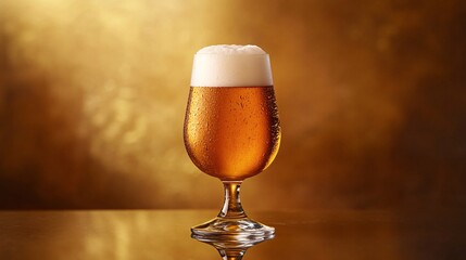 Golden beer in a glass on reflective surface