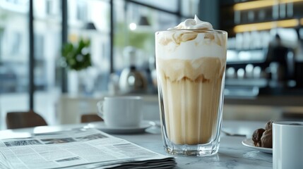 A tall glass of iced latte with cream swirling inside, placed on a cafe table with a morning newspaper beside it