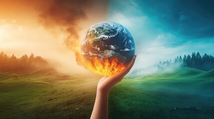 A hand holds a burning globe with smoke and fire, representing global warming and climate change, against a backdrop of green fields and mountains.