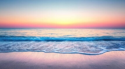 Wall Mural - a tranquil beach horizon at sunset with gentle waves and a clear sky transitioning into evening ligh