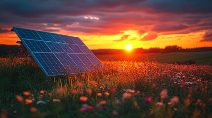 Solar panels generating eco-friendly energy at sunset, illustrating a concept of sustainable power.