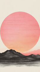 Poster - Minimalist illustration of a mountain range with a large pink sun setting behind it.