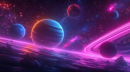 The background consists of neon lights, colorful planets, and meteor streaks in a cosmic theme with neon lights.