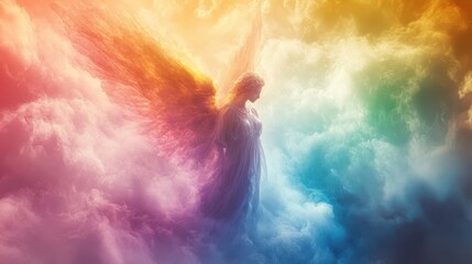 Wall Mural - beautiful rainbow colored angel spirit guide, ai generated image of an angel in the clouds