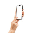 © Nichastudioart17 - Hand holding the black smartphone with mockup of blank screen on isolated white background.