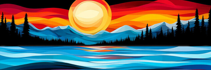 Canvas Print - Abstract landscape with a sunset over mountains and a lake.