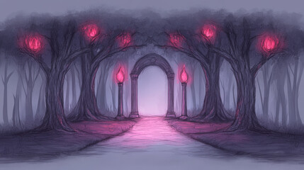 Canvas Print - An ancient archway stands in the heart of an ethereal forest, lit by a soft, pink glow.