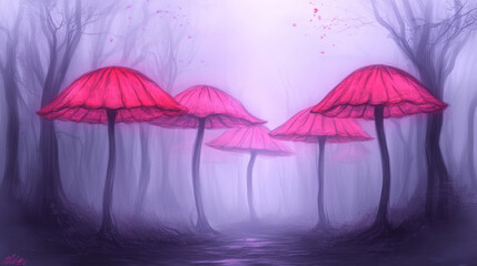 Canvas Print - Pink mushrooms glow in a dreamy, misty forest, creating a surreal and enchanting scene.