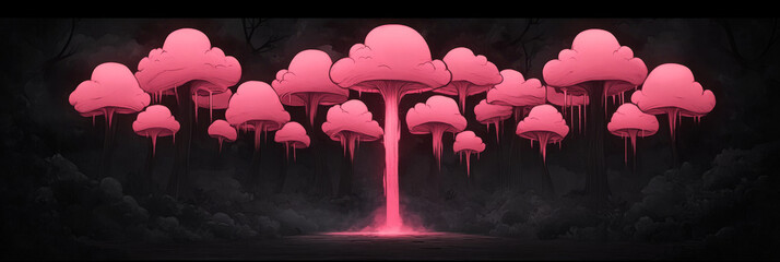 Canvas Print - Pink glowing trees in a dark forest, a surreal and otherworldly scene.