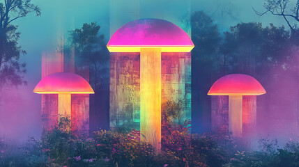 Canvas Print - Three glowing neon mushrooms stand tall in a surreal, dreamy forest, illuminated with pink and yellow hues.