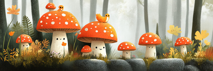 Canvas Print - A group of happy mushrooms gather in a misty forest, their red and white caps dotted with smiles.