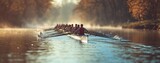 A team of rowers rowing in sync on a calm river, early morning light reflecting off the water