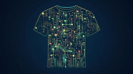 A stylized t-shirt silhouette with a circuit board pattern in glowing colors against a dark blue background.