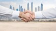 © Daylife - Two business professionals shake hands in front of a modern city skyline, symbolizing partnership and cooperation amidst urban development.