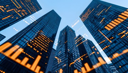 A modern cityscape featuring tall glass skyscrapers under a bright blue sky, with graphic overlays of data visualizations.