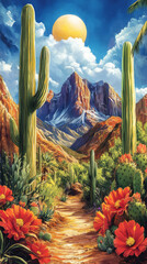 Poster - A desert path winds through a lush landscape, with cacti, blooming flowers, and a majestic mountain in the distance.