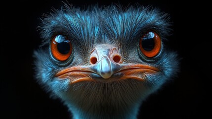 Close-up of an ostrich face against a dark background, wildlife photography concept