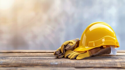 A bright yellow hard hat and sturdy work gloves rest on a wooden plank, contrasting the blurred backdrop.