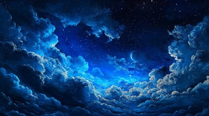 Wall Mural - An abstract digital art background featuring deep blue and dark black colors, with swirling clouds of stars that form the shape of cloud-like structures in space. The sky is filled with twinkling 